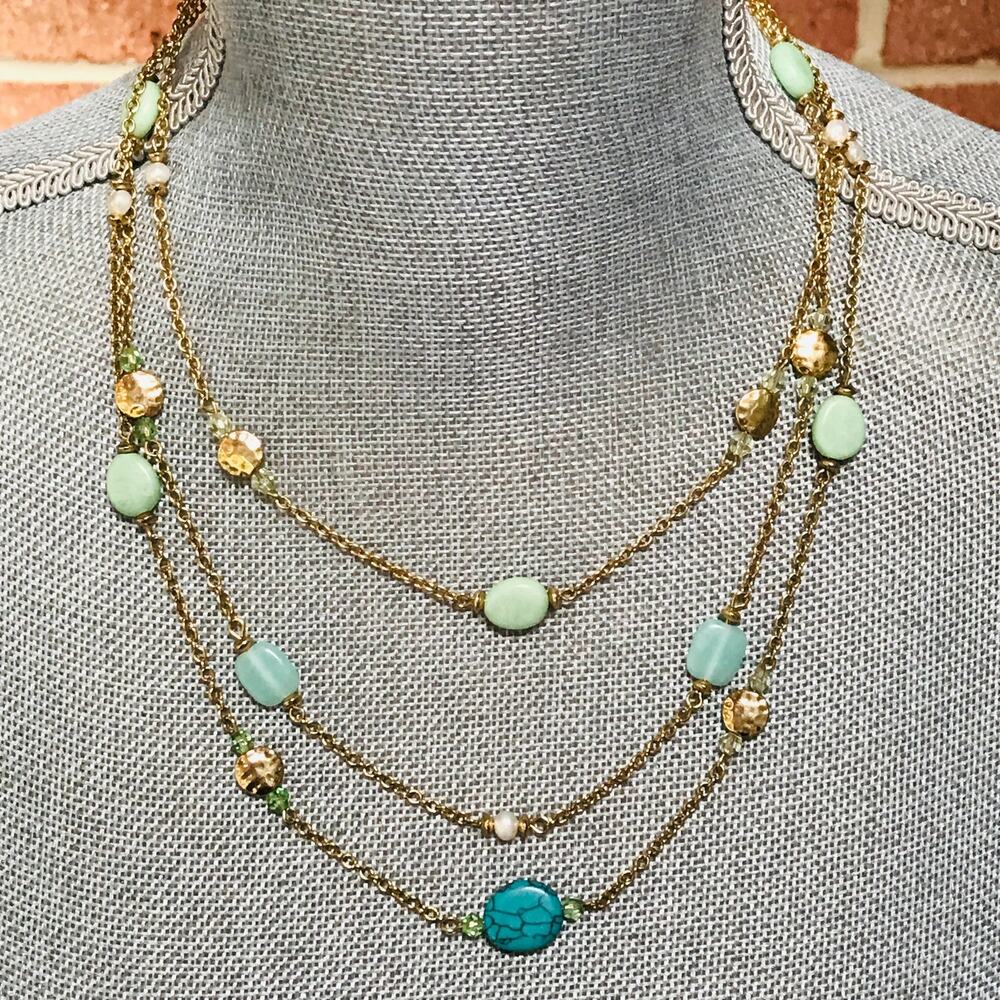 Ralph Lauren RLL Necklace - Triple Strand Beads - Gold Tone Necklace -Signed